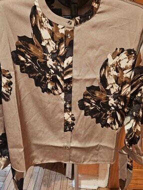 Beige Floral-Print Button Front Blouse